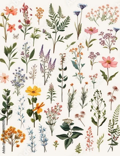 Fototapeta Pressed wildflowers in vibrant colors arranged in a delicate botanical collage on white paper