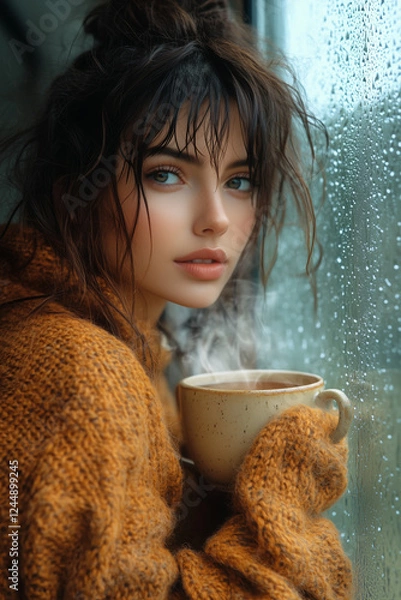Obraz Serene Woman in Cozy Sweater Holding a Steaming Cup of Tea by a Rain-Streaked Window, Lost in Thought