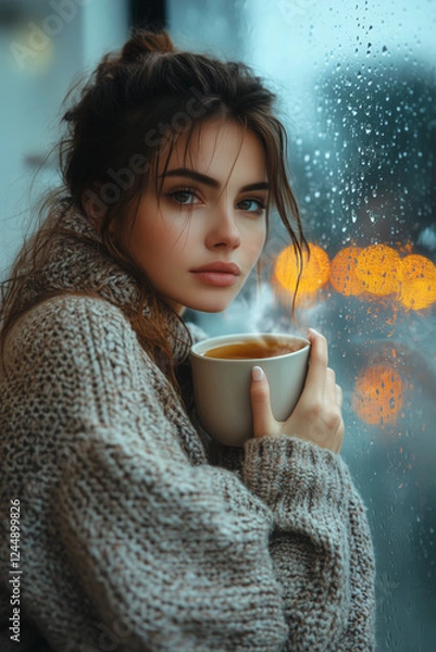 Obraz Serene Woman in Cozy Sweater Holding a Steaming Cup of Tea by a Rain-Streaked Window, Lost in Thought