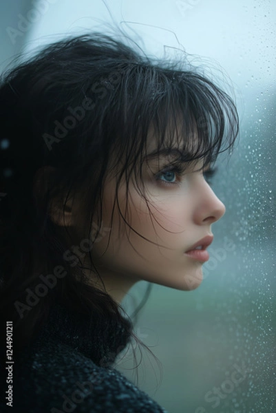 Obraz A woman stands at a foggy window gazing outside at the falling rain with her reflection visible on the glass creating a nostalgic and melancholic atmosphere