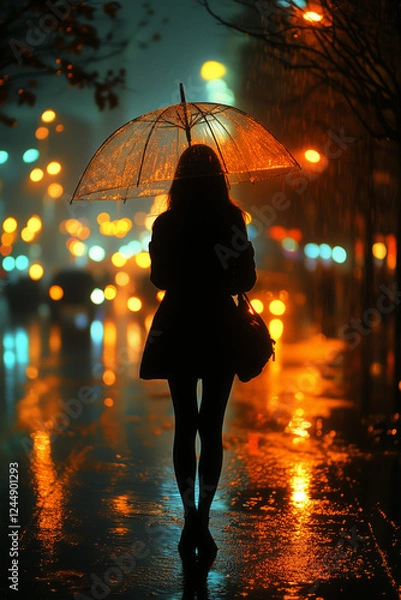 Obraz A woman stands alone in the rain at night, holding a transparent umbrella, with city lights reflecting off the wet pavement, creating a reflective and moody scene
