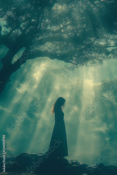 Obraz A woman stands under a large tree during a light rain as rays of sunlight break through the clouds creating a serene and magical atmosphere