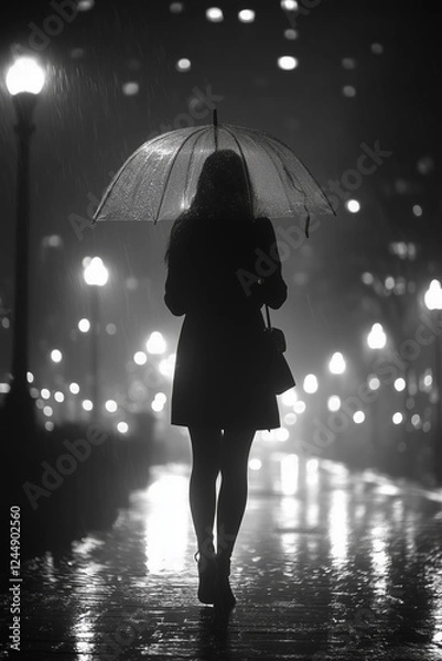 Obraz A woman stands alone in the rain at night, holding a transparent umbrella, with city lights reflecting off the wet pavement, creating a reflective and moody scene