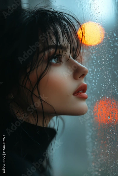 Obraz A woman stands at a foggy window gazing outside at the falling rain with her reflection visible on the glass creating a nostalgic and melancholic atmosphere