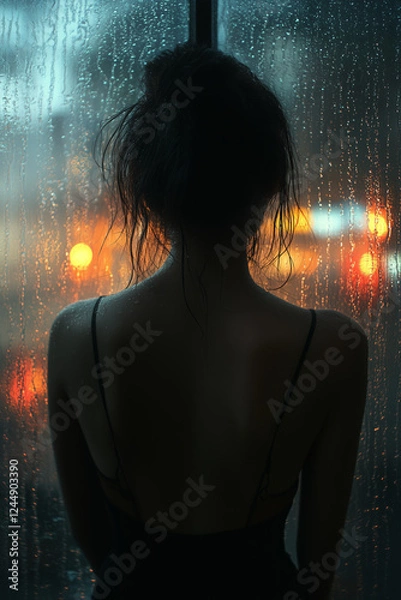 Obraz A woman stands at a foggy window gazing outside at the falling rain with her reflection visible on the glass creating a nostalgic and melancholic atmosphere