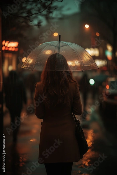 Obraz A woman stands alone in the rain at night, holding a transparent umbrella, with city lights reflecting off the wet pavement, creating a reflective and moody scene