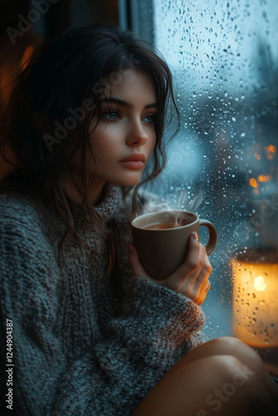 Obraz Serene Woman in Cozy Sweater Holding a Steaming Cup of Tea by a Rain-Streaked Window, Lost in Thought