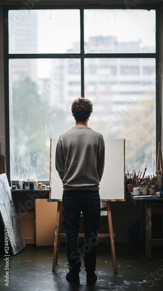 Fototapeta Man standing before blank canvas in art studio, overlooking city.