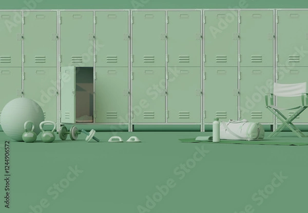 Obraz Green locker, school locker and sports bag on pastel background. copy space. 3d render