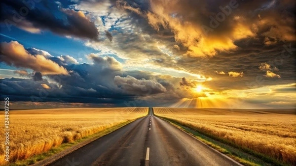 Fototapeta Asphalt road vanishing into a golden field at sunset under a dramatic sky