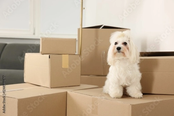 Obraz Moving day. Cute dog and many cardboard boxes indoors