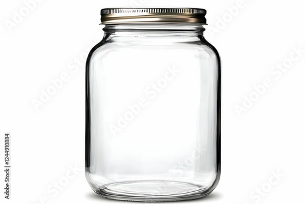 Fototapeta Empty Glass Jar with Metal Lid Stands on a White Background, Ready for Filling