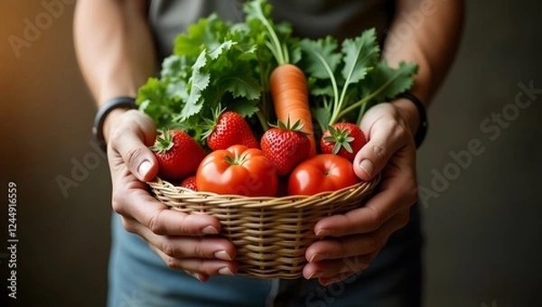 Fototapeta Sunlit hands hold a rustic basket, showcasing the fruits of labor and care.