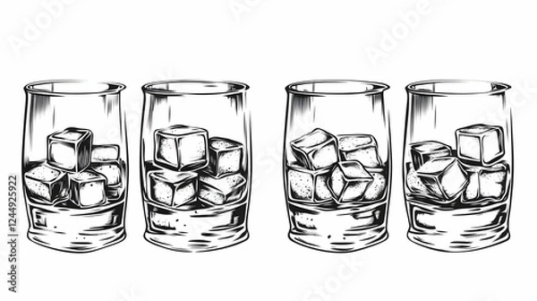 Fototapeta Four Glasses Filled with Ice Cubes in a Row, a Refreshing Illustration.