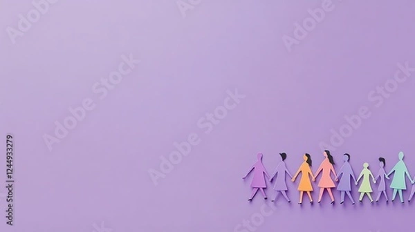 Fototapeta Row of Paper People Holding Hands on Purple Background. Unity and Teamwork Concept Art