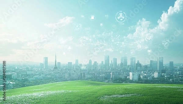Obraz Smart City Skyline Overlooking Lush Green Field