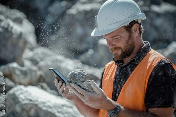 Obraz Quarry Worker Examining Rock Sample Using Smartphone