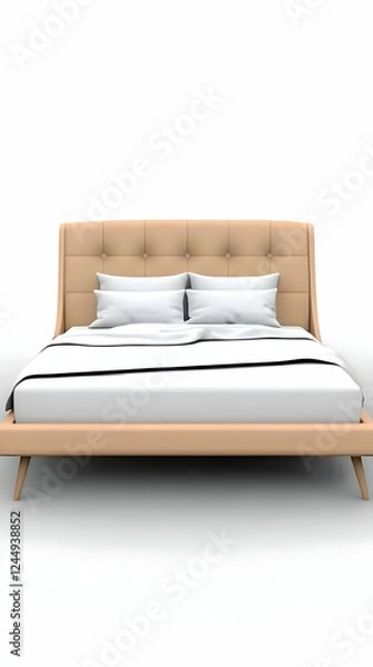 Fototapeta Modern Beige Bed with White Bedding and Pillows in a Minimalist Bedroom Setting