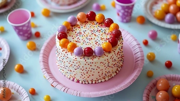 Fototapeta A colorful and vibrant birthday table set with paper plates, napkins, and cups, with a sparkling cake in the center