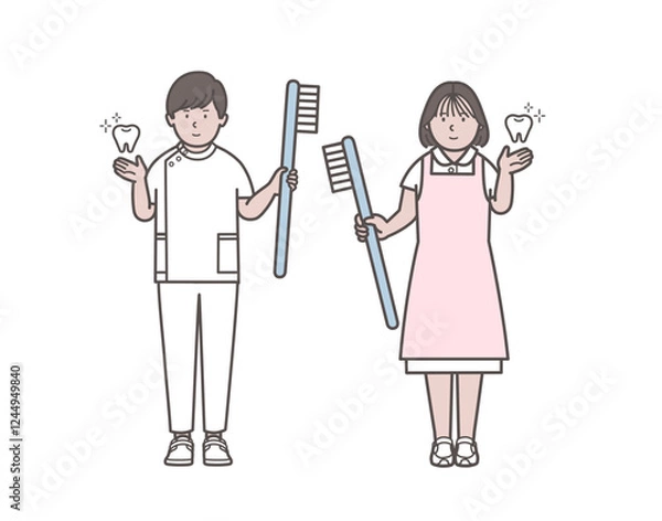 Obraz 歯医者と歯科衛生士の歯磨き指導のイラスト