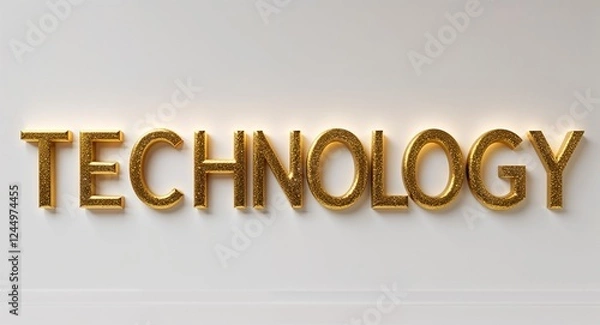 Fototapeta technology word lettering with glitter gold shining effect on plain white background