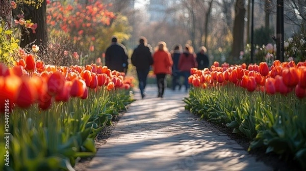 Fototapeta A peaceful pathway winding through rows of blooming flowers, with visitors walking leisurely in the background