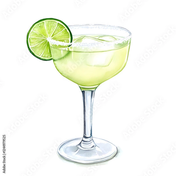 Fototapeta Refreshing margarita cocktail with lime slice and salt rim