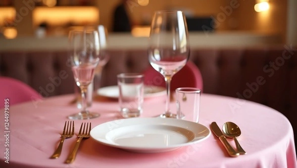 Fototapeta closeup of pink themed fancy table setup on restaurant background