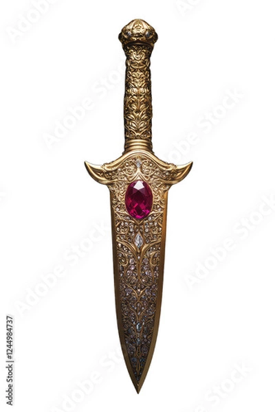 Fototapeta A stunning gold dagger features intricate carvings and a vibrant ruby gemstone Perfect for collectors or fantasy enthusiasts.