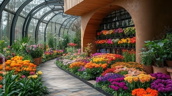 Fototapeta Inside a pavilion at Keukenhof, a stunning display of expertly arranged flowers in a variety of colors and shapes