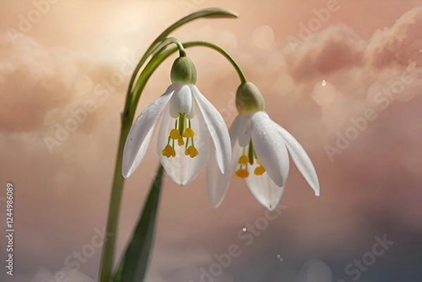Fototapeta Snowdrop flower in surreal background, capturing delicate beauty and tranquil atmosphere.