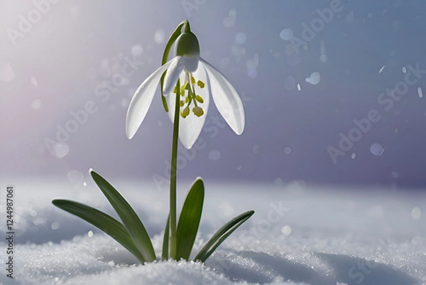 Fototapeta Snowdrop flower in surreal background, capturing delicate beauty and tranquil atmosphere.