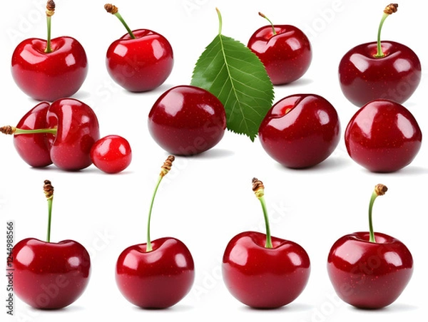 Fototapeta Ripe Red Cherries Displayed on a White Background with Stems and Leaf