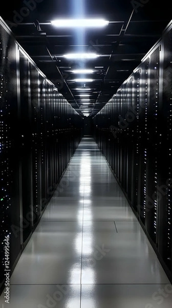Fototapeta Server Room Houses Rows of Network Equipment Efficiently in Data Center with Bright Lights
