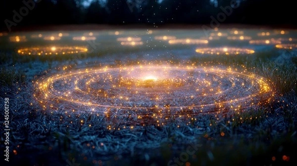 Fototapeta Cosmic Field: A Surreal Night Scene of Glowing Spiral Energy in a Dark Grassy Field