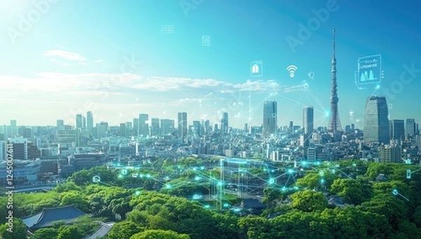 Obraz Smart City Network Tokyo Skyline Green Spaces Technology