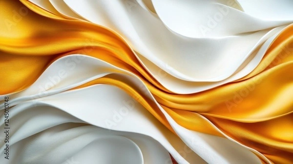 Fototapeta A close-up of intricately draped satin fabric in white and golden hues, showcasing smooth textures and elegant folds.