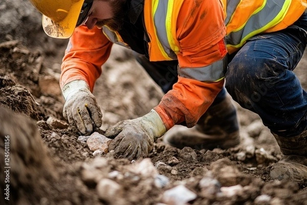 Fototapeta Construction Worker Examining Soil Samples Carefully