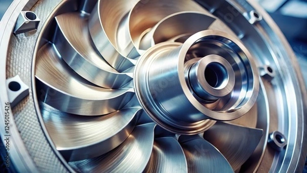 Fototapeta Close-up of a centrifugal pump impeller with fluid flow lines and blades, industrial processes, fluid power
