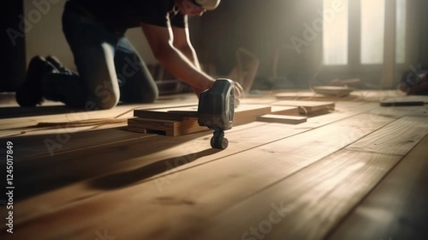 Fototapeta close-up of a carpenter working on a wooden floor, hands using floor nails to secure the boards, unfinished walls and beams visible in the background, soft overhead lighting illuminates the work area,