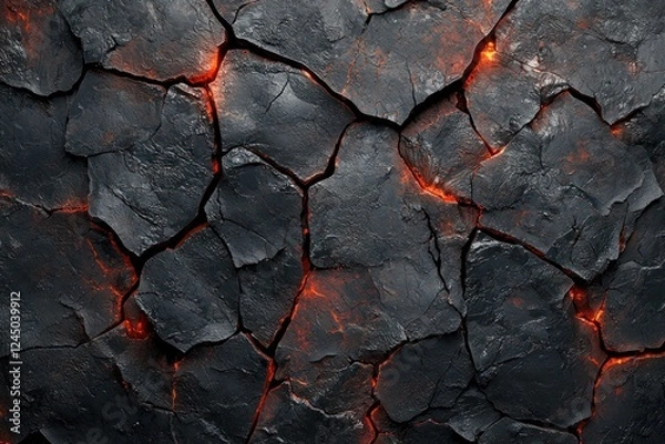 Fototapeta Textured background of cooled lava with crimson gaps, offering a dramatic and rugged visual texture.