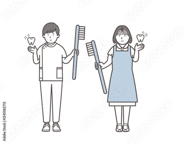 Obraz 歯医者と歯科衛生士の歯磨き指導のイラスト