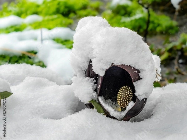 Fototapeta しっかり積もった雪景色の中に座禅草がある風景。滋賀県高島市今津の群生地。