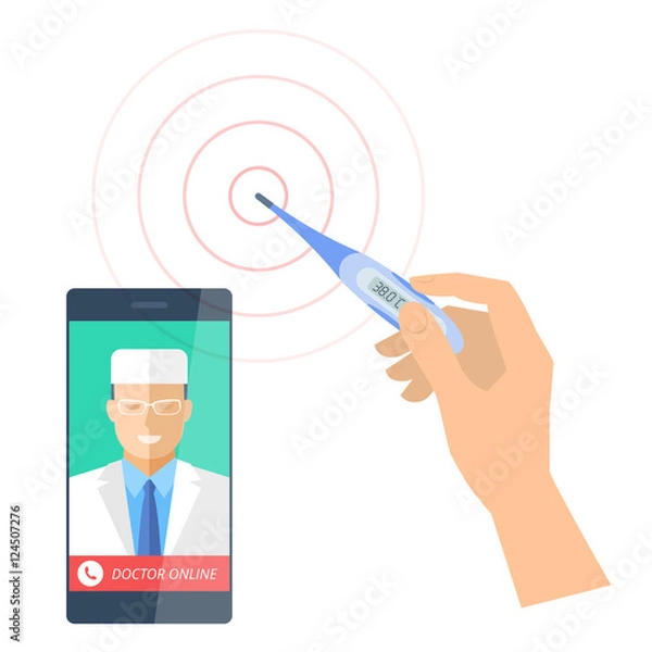 Fototapeta Smart phone with male doctor online and a hand is holding digital thermometer. Vector flat concept illustration of smartphone, medic and hand with an electronic instrument that measures temperature.