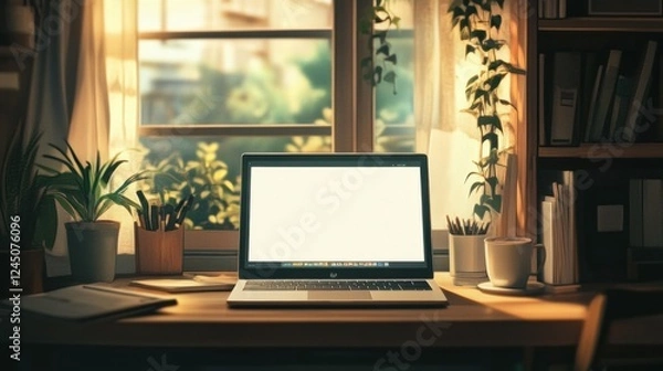 Fototapeta Serene Workspace with Laptop and Plants near Window for Relaxed Productivity and Creative Work