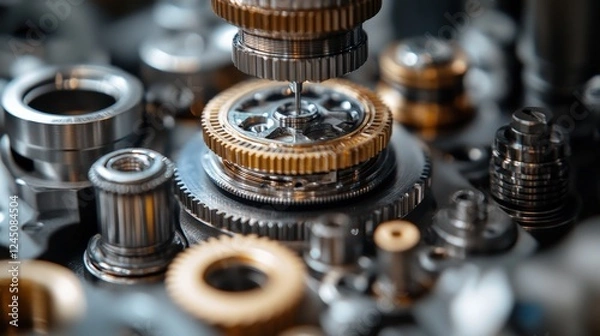 Fototapeta Close-up of intricate mechanical gears and components in a watch assembly, showcasing precision engineering