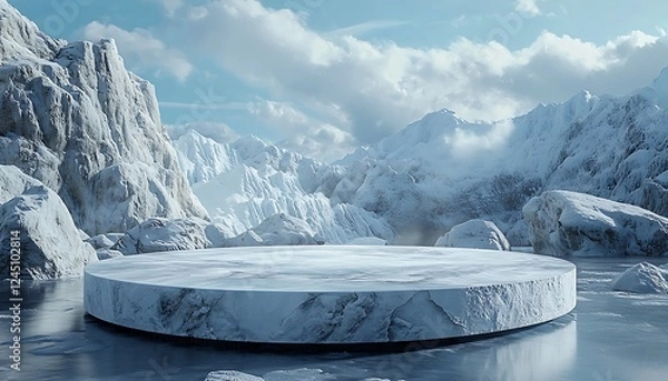 Fototapeta Wintry 3D ice podium set against a mountainous, frozen landscape, ideal for showcasing cosmetic products in a cool setting.