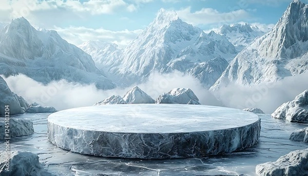 Fototapeta Wintry 3D ice podium set against a mountainous, frozen landscape, ideal for showcasing cosmetic products in a cool setting.