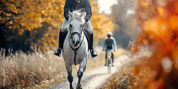 Fototapeta in an autumn forest, a rider on a white horse overtakes a cyclist on a bicycle