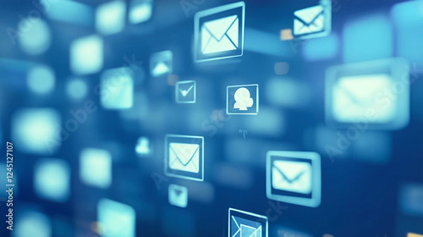 Fototapeta Email marketing concept with floating envelope icons on a digital blue background, symbolizing online communication and newsletters.